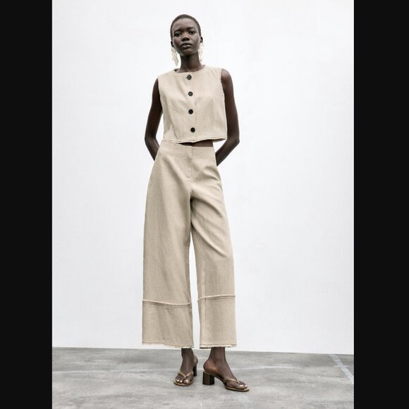 NWT ZARA 2 PIECES MATCH SET LINEN FRAYED RUSTIC VEST +...